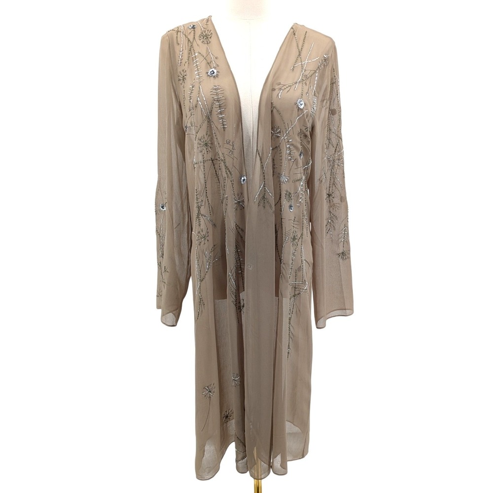 Soft Surroundings Beaded Duster Cardigan Womens S Taupe Sheer Embroidered Boho
